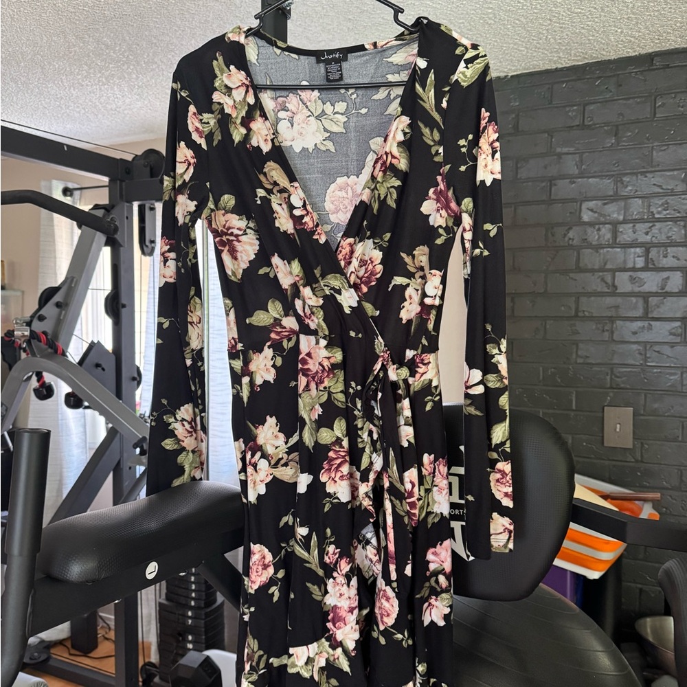 Justify Black and Pink Long Sleeve Wrap Dress